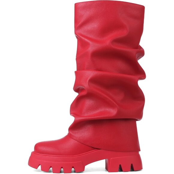 Shoes - Women's Red Leather Glitter Metallic Wide Calf Pleated Fold Over Mid Calf Boots